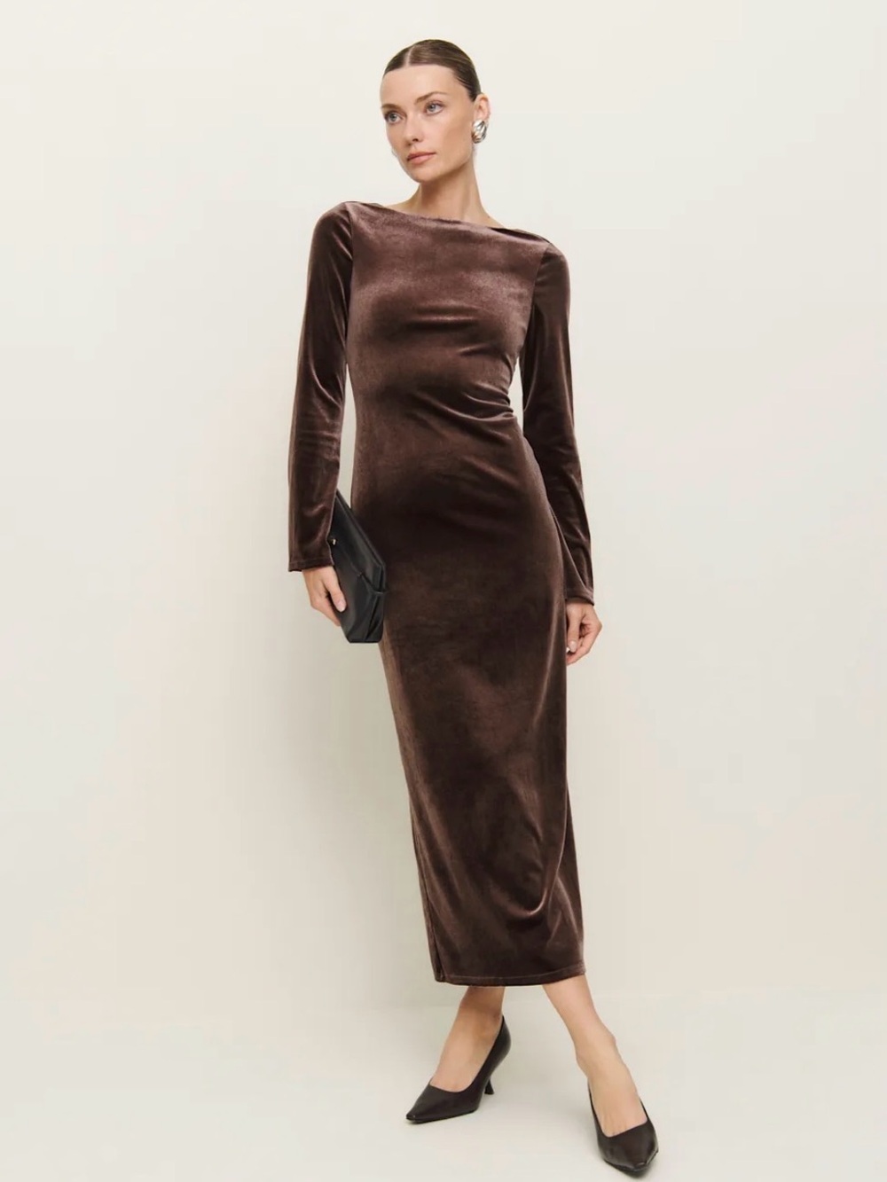 Reformation Delphina Mushroom Brown Velvet Long-Sleeve Midi Dress - Picture 1 of 6